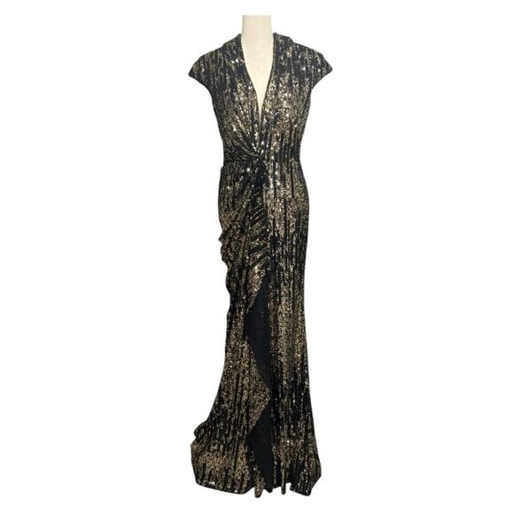 NWT Terani Couture Glittering Black and Gold Sequins Maxi Gown Size 6 Bin8 - Picture 1 of 11